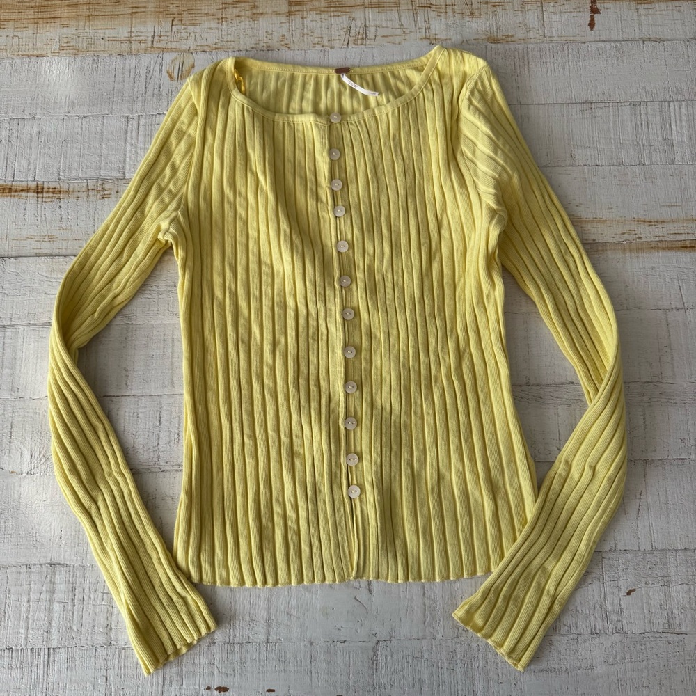 Free People Yellow Ribbed Button Cardigan - Picture 2 of 9